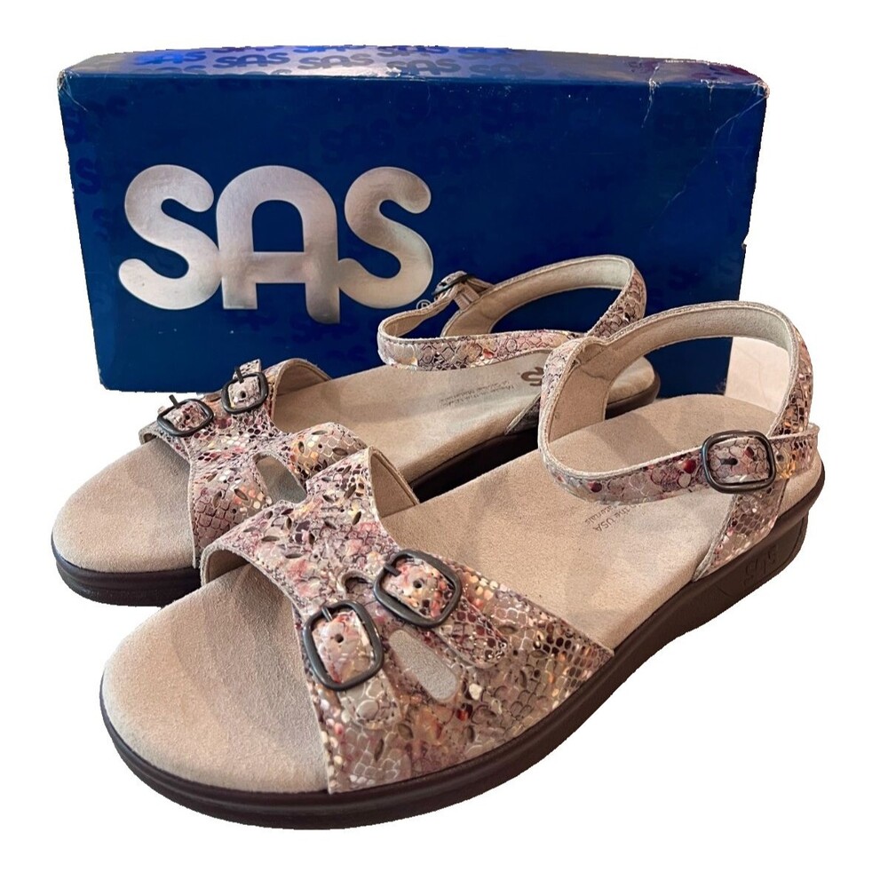 SAS Duo Sandal Multi-snake Taupe Size 8 WW Double Wide NEW in Box Women Buckle
